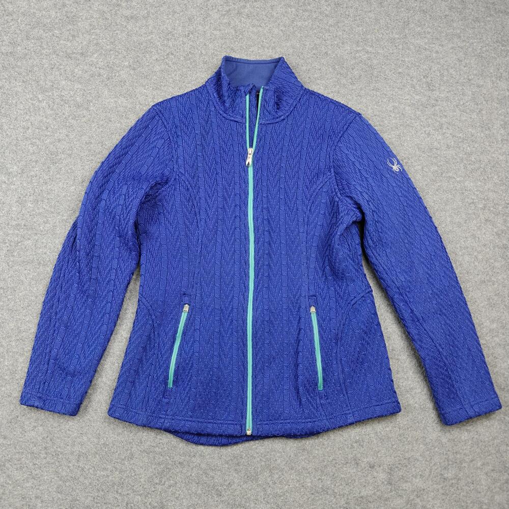 Spyder Sweater Womens Large Blue Cable-Knit Full Zip Mock Neck Pockets